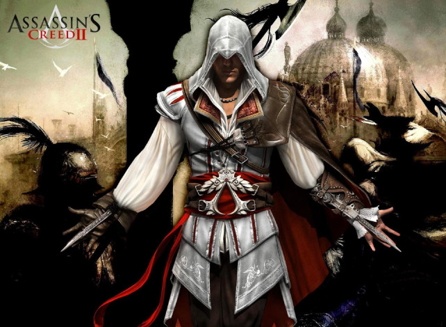 Обои картинки фото видео игры, assassin`s creed ii, ассасин, эцио, лезвия, оружие, купол, люди