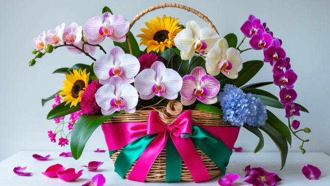 Обои картинки фото 3д графика, цветы , flowers, корзинка, букет, орхидеи, подсолнухи, ленты
