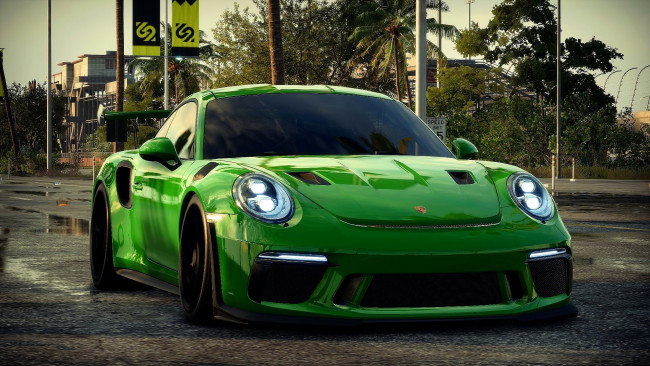 Обои картинки фото porsche 911 gt3, автомобили, porsche, зеленый, улица, дома, деревья, лужи