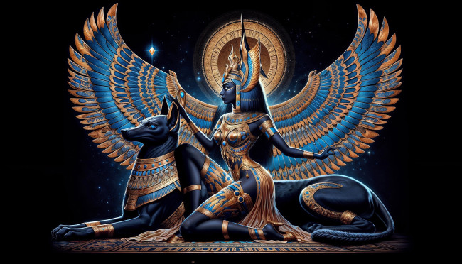 Обои картинки фото фэнтези, красавицы и чудовища, египет, боги, девушка, крылья, зверь
