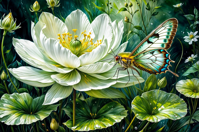 Обои картинки фото рисованное, цветы, листья, бутоны, бабочка