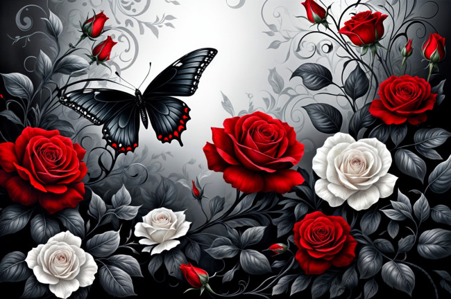 Обои картинки фото рисованное, цветы, розы, бутоны, листья, бабочка