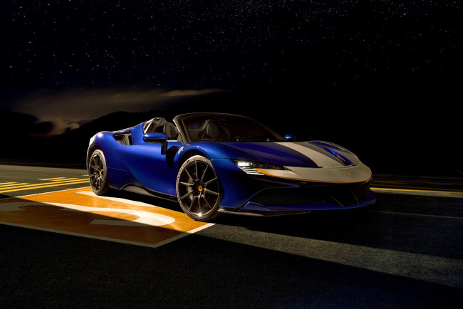Обои картинки фото ferrari sf90 stradale, автомобили, ferrari, синий, дорога, ночь, звезды