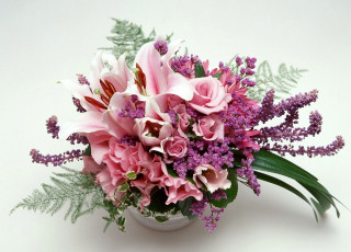 Картинка цветы букеты композиции тюльпаны лилии розы розовый