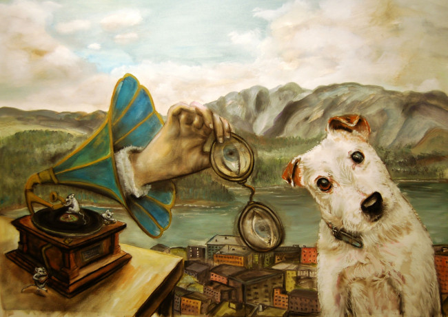 Обои картинки фото рисованные, животные, патефон, собака