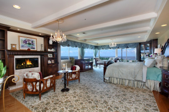 Картинка интерьер спальня подушки люстра светильник стиль