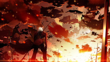 Картинка аниме fate stay+night stay night archer парень закат небо облака оружие