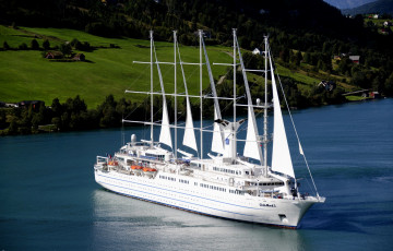 Картинка корабли парусники горы деревья река парусник путешествие mountains trees river sailboat traveling