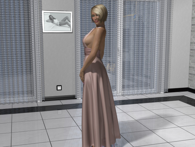 Обои картинки фото 3д графика, люди , people, девушка, взгляд, платье, комната