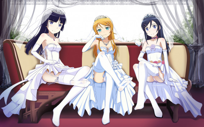 Обои картинки фото аниме, oreimo, диван, aragaki, ayase, kousaka, kirino, свадебные, платья, девушки, трио, gokou, ruri