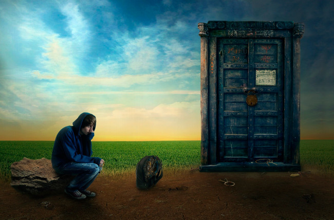 Обои картинки фото разное, компьютерный дизайн, парень, дверь, замок, ключи, арт