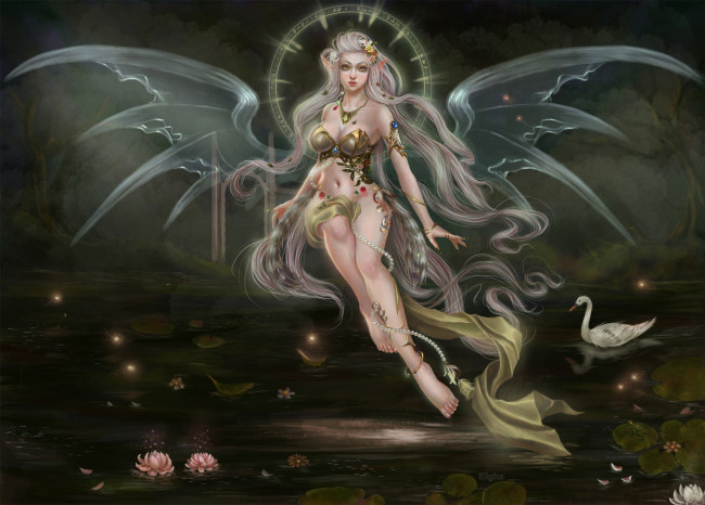 Обои картинки фото фэнтези, эльфы, эльф, девушка, пруд, лотос, лебедь