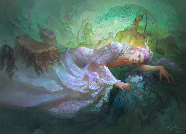 Обои картинки фото фэнтези, люди, растения, лежит, азиат, мужчина