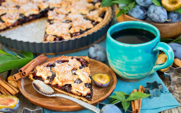 Картинка еда пироги корица сливы пирог сливовый выпечка чашка кофе