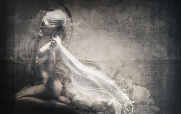 Картинка фэнтези фотоарт противогаз девушка фон