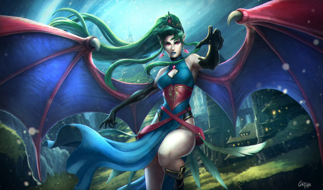 Обои картинки фото фэнтези, вампиры, девушка, крылья, evelyn, диадема, вампир, арт, платье, мистика, красота, волосы