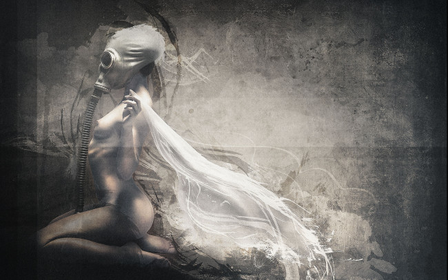 Обои картинки фото фэнтези, фотоарт, противогаз, девушка, фон