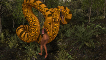 Картинка 3д+графика фантазия+ fantasy взгляд девушки змея фон