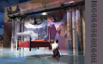 Картинка календари 3д-графика кровать колонна