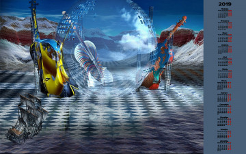 Картинка календари 3д-графика парусник контрабас скрипка