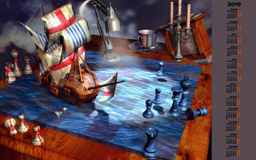 Картинка календари 3д-графика шахматы парусник подсвечник