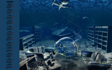 Картинка календари 3д-графика вода акула диван мебель