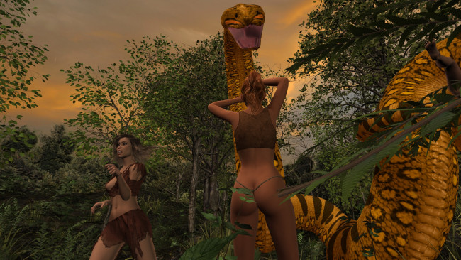 Обои картинки фото 3д графика, фантазия , fantasy, взгляд, змея, фон, девушки