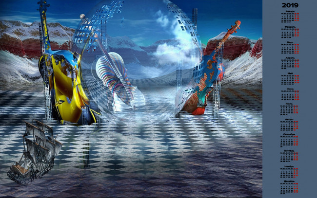 Обои картинки фото календари, 3д-графика, парусник, контрабас, скрипка
