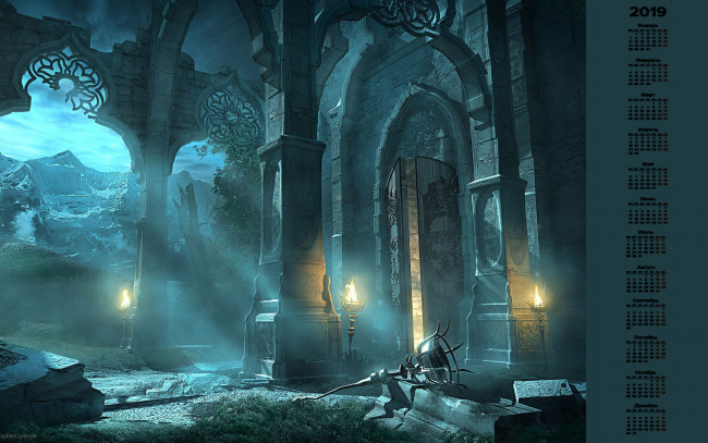 Обои картинки фото календари, фэнтези, гора, пламя, здание
