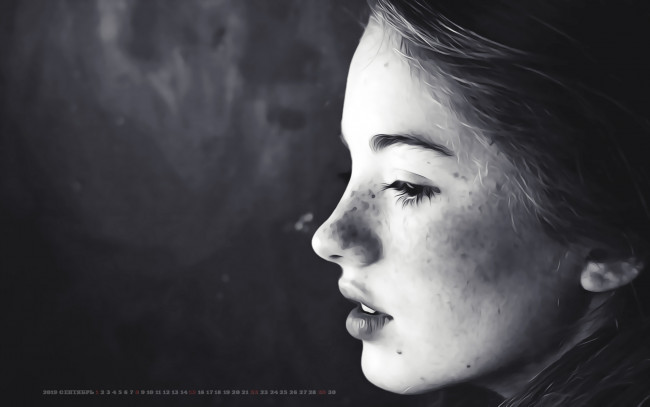 Обои картинки фото календари, компьютерный дизайн, 2019, calendar, женщина, веснушки, профиль, лицо, девушка