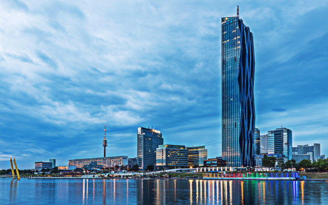 Обои картинки фото города, вена , австрия, dc, towers, 4к, река, дунай, небоскребы, вена, европа