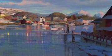 Картинка рисованное живопись девочка пристань дома лодки холмы река