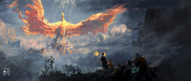 Обои картинки фото фэнтези, существа, птица, люди, скалы