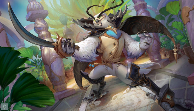 Обои картинки фото фэнтези, существа, существо, оружие, сад, airon