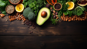 Картинка еда разное брокколи авокадо базилик орехи цитрусы