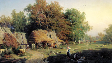 Картинка рисованное живопись деревья избы люди птицы скот