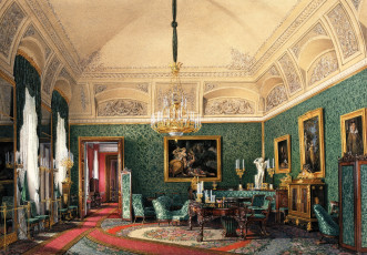Картинка рисованное эдуард+гау дворец интерьер комната свод лепнина люстра стулья столы ковер кресла картины