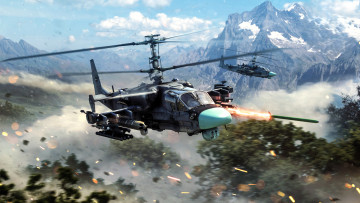 обоя видео игры, war thunder, вертолеты, горы, ракеты, деревья