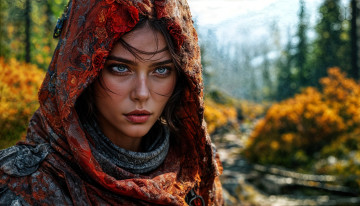 обоя 3д графика, портреты и лица , portraits and faсes, девушка, лицо, платок, осень, лес, ручей