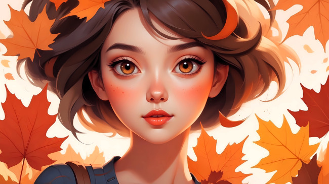 Обои картинки фото рисованное, люди, девушка, лицо, осень, листья, клен