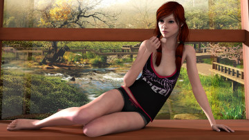 Картинка 3д+графика люди+ people скамейка взгляд девушка