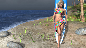 Картинка 3д+графика люди+ people улыбка серфинг море доска взгляд девушка