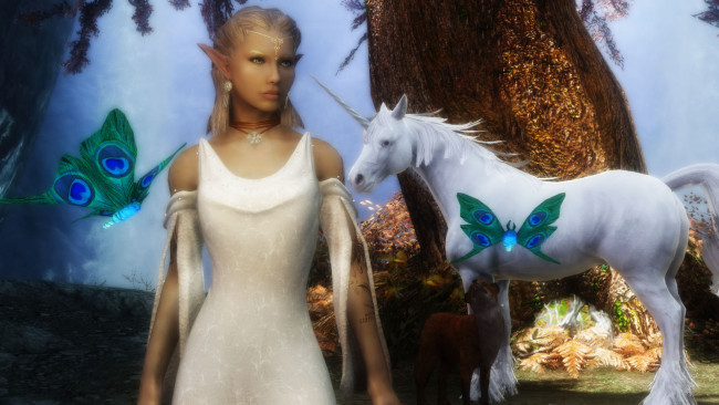 Обои картинки фото 3д графика, эльфы , elves, единорог, взгляд, девушка, эльфийка