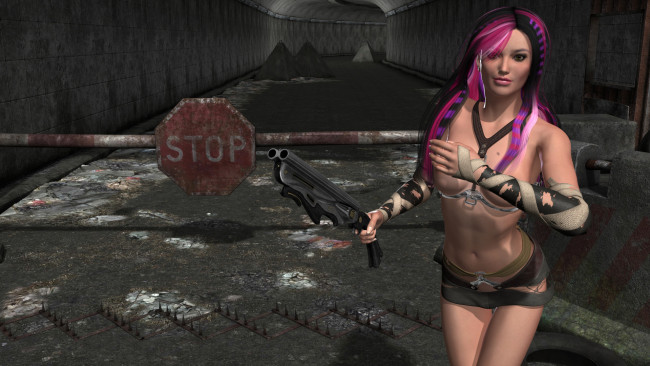 Обои картинки фото 3д графика, фантазия , fantasy, девушка, туннель, оружие, взгляд