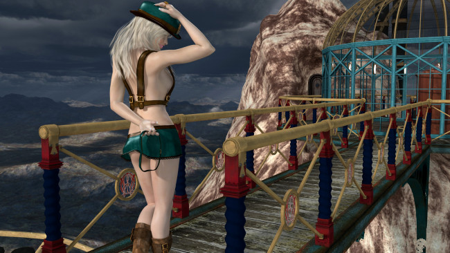 Обои картинки фото 3д графика, люди , people, море, мост, шляпа, взгляд, девушка