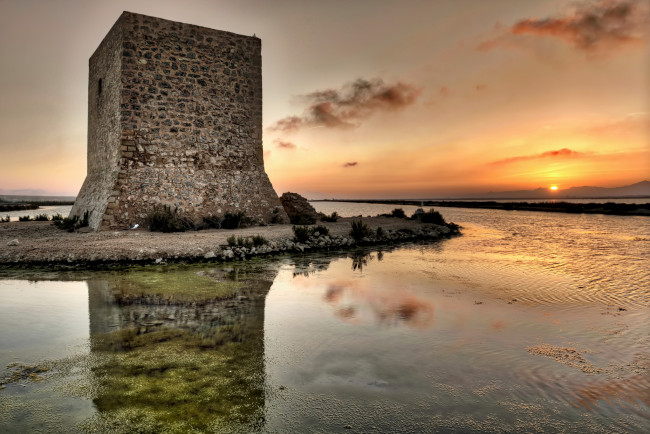 Обои картинки фото города, - дворцы,  замки,  крепости, башня, закат, озеро