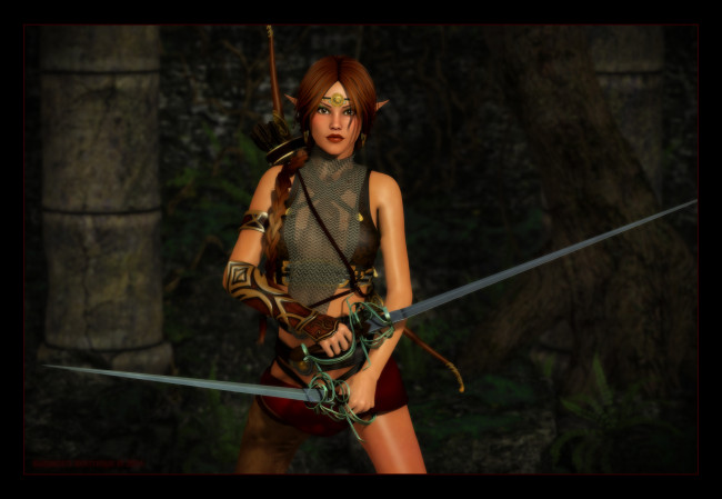 Обои картинки фото 3д графика, эльфы , elves, мечи, взгляд, эльфийка