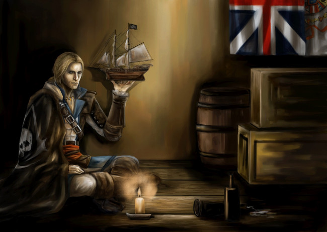 Обои картинки фото видео игры, assassin`s creed iv,  black flag, эдвард, кенуэй, kenway, edward, ящики, black, flag, assassins, creed, iv, бочки, флаг, свеча