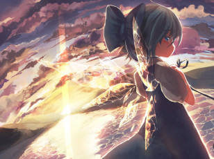 Картинка аниме touhou арт крылья девочка cirno ha ru небо море облака солнце закат