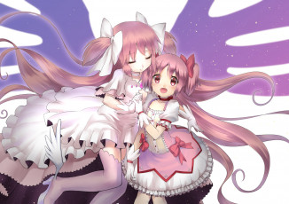 Картинка аниме mahou+shoujo+madoka+magika богиня бант платье крылья девушки kaname madoka фон взгляд волосы